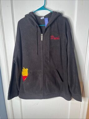 Disney 2X Fleece Hoodie Winnie The Pooh Jacket Zip Up Black Plus Size Embroidery